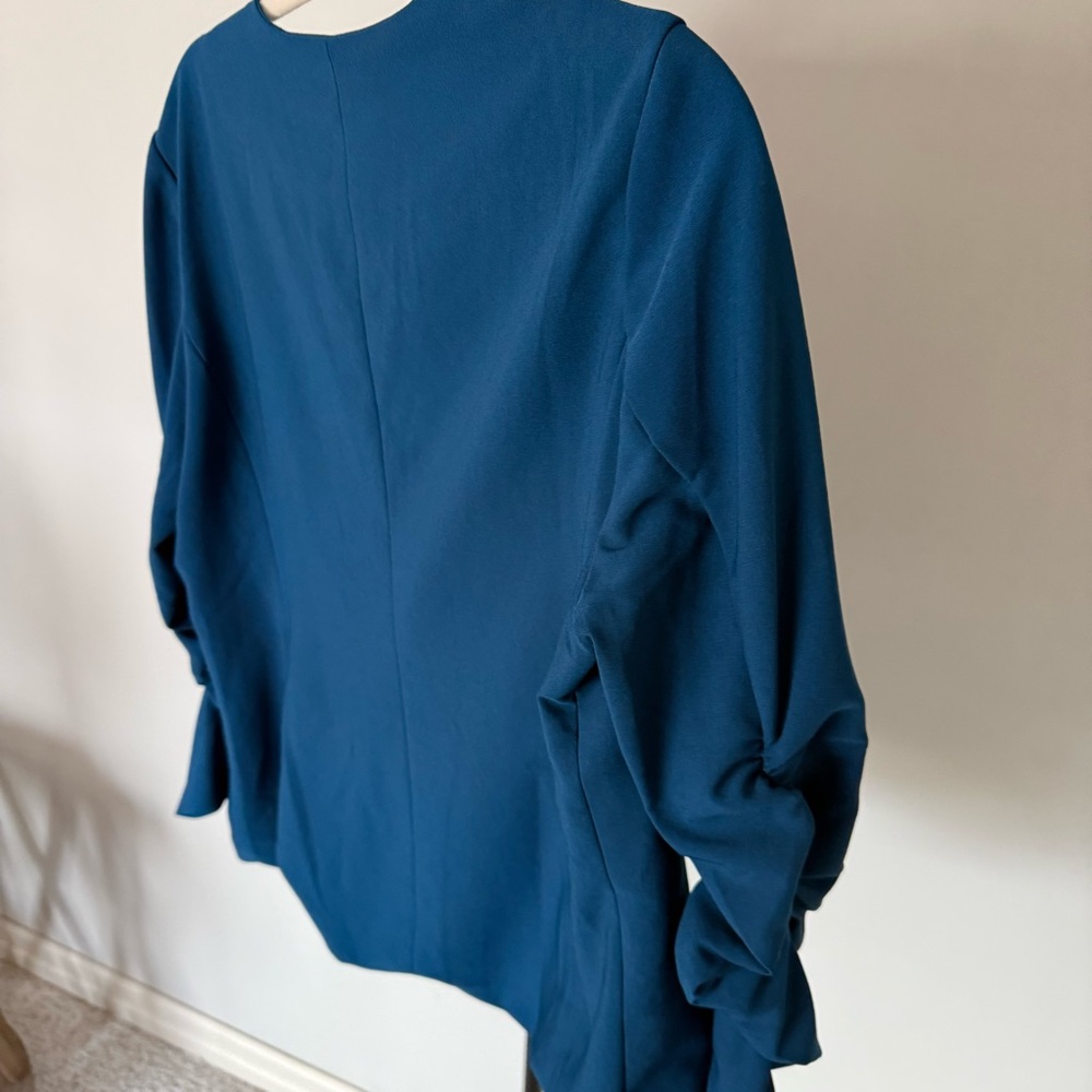Skies Are Blue Teal Open Front Blazer Ruched Sleeve Large Anthro Style - Picture 6 of 7